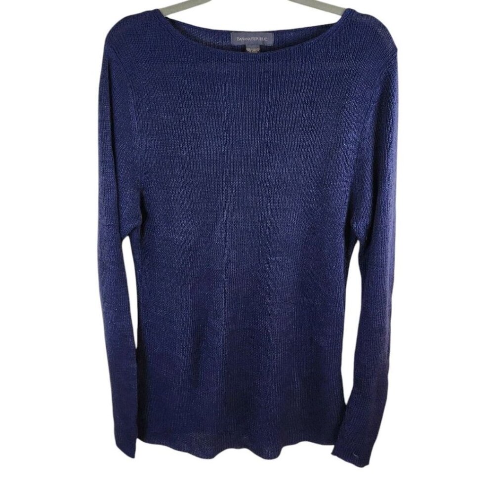 Banana Republic Sweater 100% Linen Knit Crew Neck Blue Lightweight Women's Large